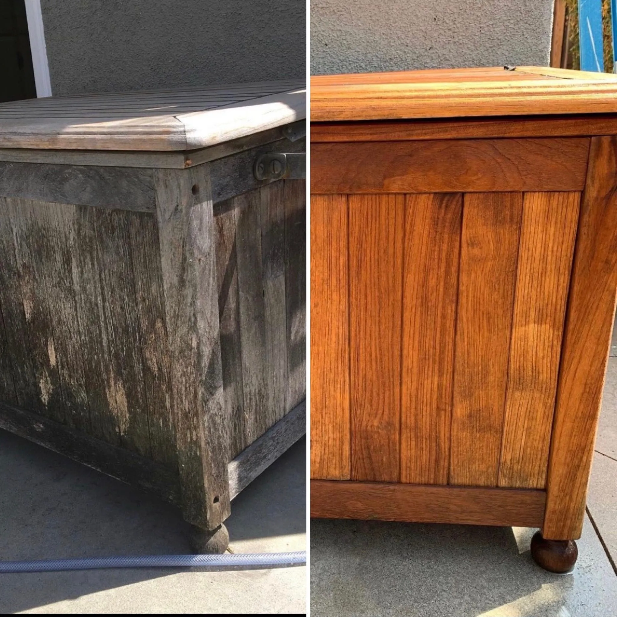 Weathered gray wood chest beside the same chest restored to warm wood