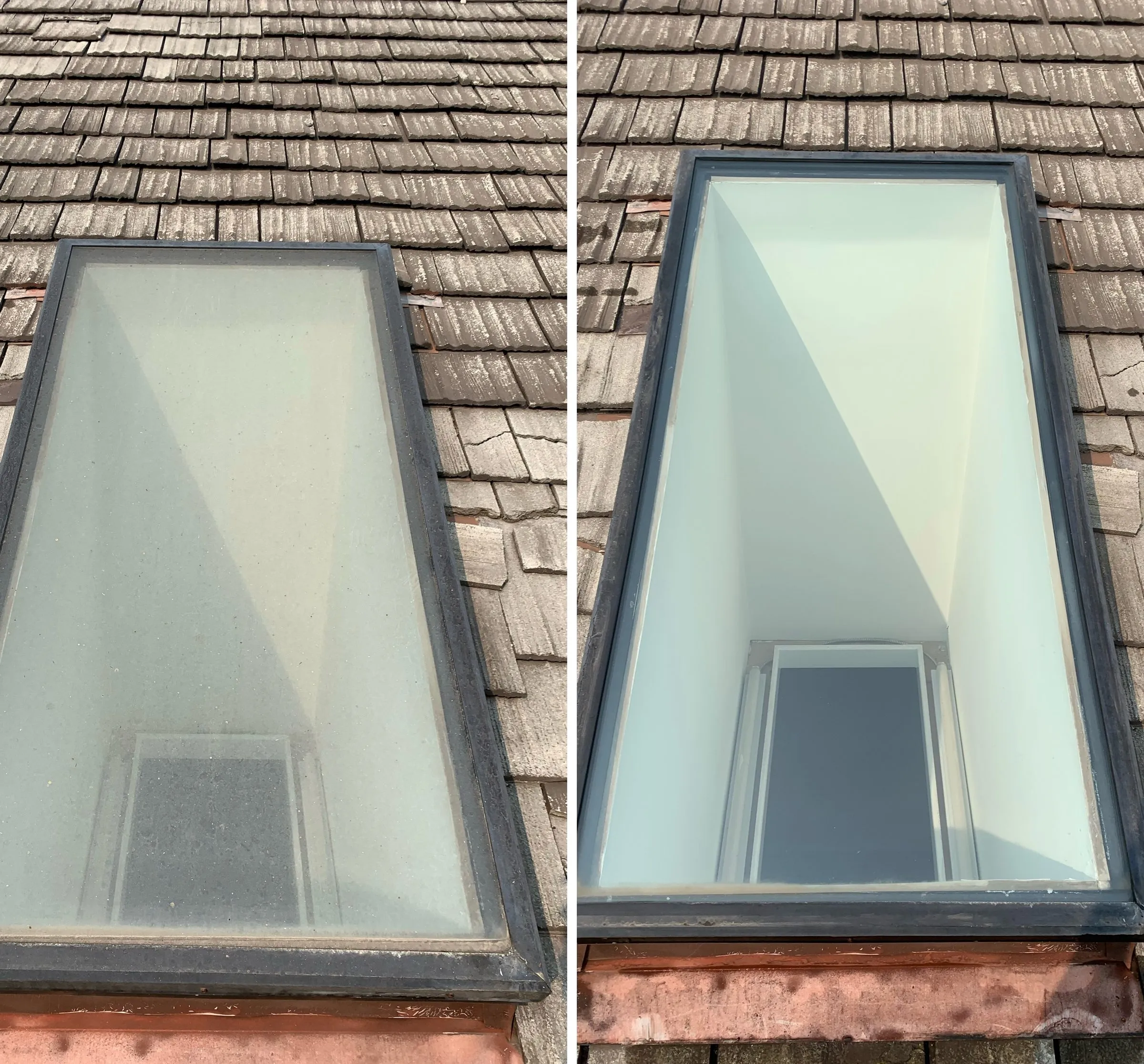 Skylight hazy and grey on the left, clear on the right after cleaning